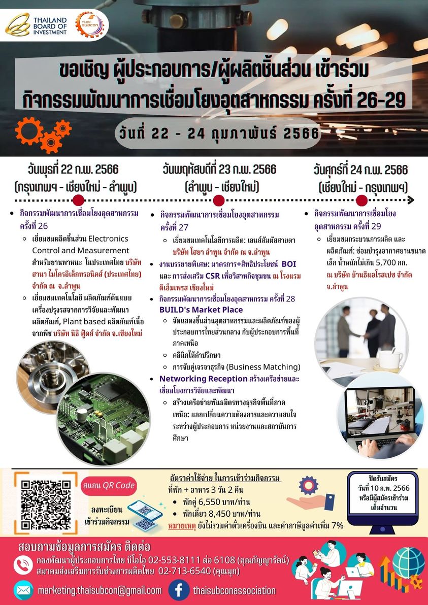 ขอเชิญผู้ประกอบการเข้าร่วมกิจกรรมเชื่อมโยงอุตสาหกรรม  จังหวัดเชียงใหม่ – ลำพูน ครั้งที่ 26-29